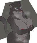 2021 anthro areola big_breasts big_butt biped black_body black_fur blush bodily_fluids breasts butt chest_tuft covering covering_breasts covering_self curvy_figure embarrassed eyebrows felid feline female fur genitals hand_bra hi_res huge_breasts huge_butt josun looking_at_viewer mammal nipples nude pantherine portrait pussy simple_background solo standing sweat thick_thighs three-quarter_portrait tuft voluptuous wide_hips