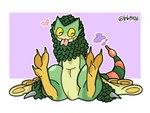 3_toes claws feet geometric_background green_body multicolored_body pink_tongue simple_background sitting tail toe_claws toes tongue tongue_out lnb capcom monster_hunter amphibian bird_wyvern frog pukei-pukei 2024 4:3 digital_drawing_(artwork) digital_media_(artwork) full-length_portrait portrait