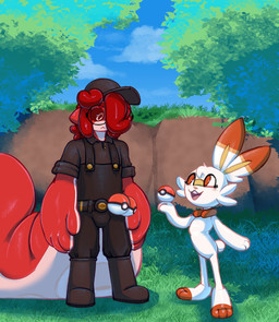 ambiguous_gender anthro belt big_tail biped boots buckteeth clothed clothing countershading detailed_background dipstick_ears duo ear_markings eye_contact eyebrows eyewear facial_tuft feet fingers footwear front_view fully_clothed glasses grass hair hat headgear headwear looking_at_another multicolored_ears nude one_eye_obstructed open_mouth open_smile orange_eyes outside paws plant pokeball red_body red_hair red_tail shoes short_tail smile standing tail teeth toes tuft white_body beepunz nintendo pokemon octin_(beepunz) animal_humanoid aquatic aquatic_humanoid cephalopod cephalopod_humanoid generation_8_pokemon humanoid lagomorph leporid mammal mollusk mollusk_humanoid pokemon_(species) rabbit scorbunny 2025 absurd_res digital_drawing_(artwork) digital_media_(artwork) hi_res
