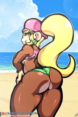 anthro big_breasts big_butt blonde_hair breasts butt clothed clothing female fur hair half-closed_eyes hat headgear headwear long_hair narrowed_eyes ponytail presenting presenting_hindquarters solo lollipopcon donkey_kong_(series) nintendo dixie_kong ape haplorhine kong mammal monkey primate 2:3 absurd_res hi_res