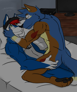 anthro athletic bed biceps black_nose black_pawpads blue_body blue_fur brown_body brown_fur claws clothing duo fur furniture green_eyes hair hat headgear headwear kneeling lying male male/male male_on_bottom male_on_top markings muscular nude on_back on_bottom on_top pawpads paws pillow pose red_body red_fur red_hair romantic romantic_couple smile straddling white_body white_fur yellow_body yellow_eyes yellow_fur masamaki canid canine canis mammal wolf 2014 5:6 hi_res
