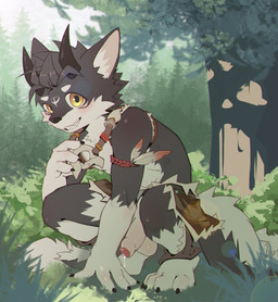 2_horns adolescent anthro armband baldric balls black_body blush bodily_fluids bottomwear clothing crouching dripping flaccid foreskin forest genital_fluids genitals grass grin horn kemono loincloth male partially_retracted_foreskin penis plant precum precum_drip smile solo three-quarter_view tree yellow_eyes young young_anthro young_male yanrwolf kiyawolf canid canine canis hybrid mammal wolf absurd_res hi_res