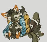 anthro barefoot clothed clothing duo eye_contact feet hug kissing looking_at_another lying lying_on_partner male male/male pawpads tail tongue tongue_out tuozhazi canid mammal 2023