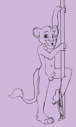 anthro balls clothed clothing clothing_around_one_leg erection foreskin genitals male open_mouth partially_clothed penis pole smile solo stripper_pole underwear underwear_around_one_leg underwear_down young young_anthro young_male compfive disney the_lion_king simba_(the_lion_king) felid lion mammal pantherine