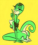 anthro breasts butt clothed clothing female kneeling looking_at_viewer nipples solo topless themrock cross_country_detours looney_tunes merrie_melodies tex_avery warner_brothers rita_skopt animal_humanoid humanoid lizard_humanoid reptile reptile_humanoid scalie scalie_humanoid