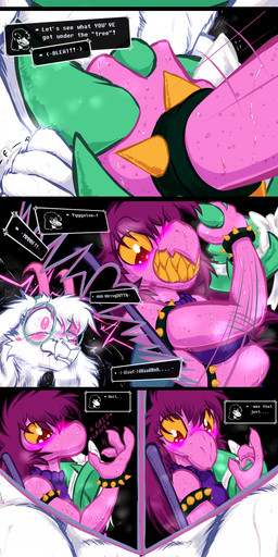 assisted_exposure blush bodily_fluids bracelet clothing covering covering_crotch dialogue eyewear glasses grabbing hat headgear headwear jewelry nipple_outline premature_ejaculation ribbons spiked_bracelet spikes steam sweat sweater text topwear wizard_hat frist44 deltarune undertale_(series) ralsei susie_(deltarune) bovid caprine darkner dinosaur goat mammal monster prehistoric_species reptile scalie 2025 absurd_res comic english_text hi_res long_image tall_image