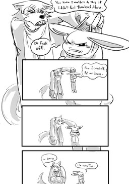 angry anthro apology blush blush_lines bodily_fluids clothing clothing_grab coat dialogue duo eyes_closed female footwear lifting_another lifting_partner male muffler scar scarf shoes sweat topwear dragonweirdo beastars haru_(beastars) legoshi_(beastars) canid canine canis lagomorph leporid mammal rabbit wolf absurd_res comic hi_res monochrome
