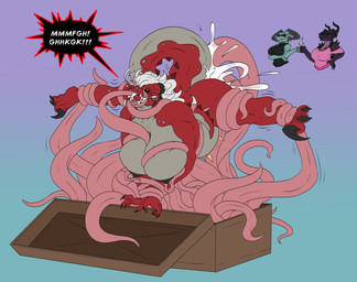 anthro big_breasts big_butt bodily_fluids breasts butt claws clothing cum cum_inflation cum_inside eyewear female genital_fluids hair horn huge_butt inflation mature_female nipples non-mammal_breasts non-mammal_nipples speech_bubble sunglasses tail tentacles white_hair tolerain mythology kyssani_(tolerain) tannis_(tolerain) wynnoa_(tolerain) dragon mimic mimic_chest mythological_creature mythological_scalie scalie tentacle_creature hi_res