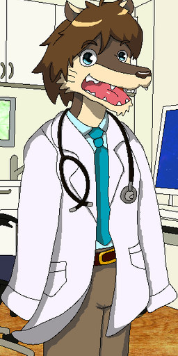 anthro bottomwear brown_body brown_fur clothing doctor fur kemono male medical_instrument necktie pants scientific_instrument shirt solo teeth topwear unknown_artist morenatsu shun_kodori canid canine canis mammal wolf 2015 archived_source digital_media_(artwork) oekaki
