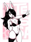 anthro big_breasts bikini bikini_thong black_hair breasts buckteeth choker clothing ear_tuft female fur gesture hair hand_gesture jewelry long_hair necklace red_eyes single_stocking solo swimwear teeth tuft two-piece_swimsuit v_sign white_body white_fur ravagaard tessa_(ravagaard) lagomorph leporid mammal rabbit 2021 hi_res