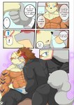 abs absurd_res anthro arcanine bedroom_eyes biceps blush bulge ceo_entei_(shinobiya) clothing comic detailed_bulge dialogue duo embarrassed english_text entei exclamation_point generation_1_pokemon generation_2_pokemon genital_outline genitals hi_res holding_chin kissing legendary_pokemon male male/male muscular muscular_male narrowed_eyes nintendo nipples penis penis_grab penis_outline pokemon pokemon_(species) seduced seductive shinobiya sitting_on_desk suddenly suit text topwear underwear unzipped unzipped_pants vest windy_(shinobiya) zipper