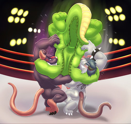anthro backsack balls butt butt_grab erection fighting_ring genitals green_body grey_body group hand_on_butt male male/male penis tattoo naughtytanks brok_the_investigator cowcat_games brok_(brok_the_investigator) squealers_chief alligator alligatorid crocodilian mammal murid murine rat reptile rodent scalie 2025 hi_res