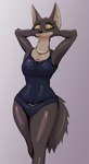 ankh ankh_necklace anthro clothing dress eyes_closed female hands_behind_head jewelry makeup simple_background solo standing famished_(artist) pack_street avo_(weaver) canid canine canis mammal wolf hi_res