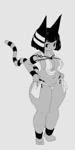 anthro big_breasts black_hair bottomwear breasts cleavage clothed clothing dot_eyes female grey_background hair hand_on_hip jewelry loincloth markings navel short_hair simple_background simple_eyes skimpy slightly_chubby solo standing striped_markings striped_tail stripes tail tail_markings thong underwear krid animal_crossing nintendo ankha_(animal_crossing) domestic_cat felid feline felis mammal aliasing digital_media_(artwork) full-length_portrait greyscale hi_res monochrome portrait