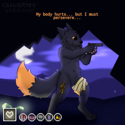 ambiguous_gender anthro bandage big_tail blood bodily_fluids digitigrade dirty_bandage fluffy_hips fur gun handgun holding_object holding_weapon looking_at_another male moon neck_tuft nude pawpads plant pose ranged_weapon scenery scratch_mark solo status_effect tail text tuft weapon yellow_eyes earthwormgd casualties:_unknown expie_(gunsawian) gunsawian 1:1 absurd_res english_text hi_res icon shaded