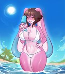 anthro beach big_breasts bikini breasts clothing detailed_background erect_nipples_under_clothes female floppy_ears food hand_on_hip huge_breasts ice_cream_on_breasts lop_ears melting_ice_cream nipple_piercing nipples outside piercing popsicle public solo swimwear tongue tongue_out two-piece_swimsuit water gypnojin remmy_(remybunny) absurd_res hi_res trans_(lore) trans_woman_(lore)