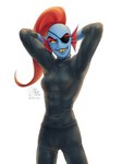 abs blue_body blue_skin breasts clothing ear_fins ear_frill eye_patch eyewear female fin frill_(anatomy) hair muscular muscular_female muscular_humanoid red_hair simple_background solo tight_clothing white_background micchan_sense undertale_(series) undyne animal_humanoid fish fish_humanoid humanoid marine marine_humanoid 2022 hi_res