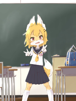anthro asian_clothing blush clothing detailed_background double_v_sign east_asian_clothing female female_anthro gesture hand_gesture inside japanese_clothing japanese_school_uniform kemono looking_at_viewer open_mouth school school_bag school_uniform serafuku smile solo standing uniform v_sign young young_anthro aogitsune_jitto canid canine fox mammal 2020 3:4 hi_res