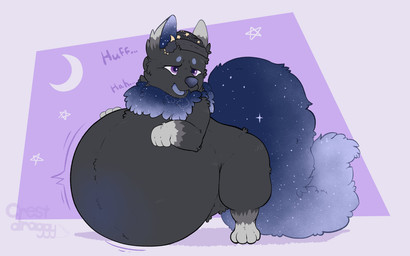 air_puff belly big_belly black_body black_fur bloated blue_eyebrows blue_tongue crescent_moon eyebrows fur huge_belly hyper hyper_belly long_tail moon motion_lines onomatopoeia open_mouth pink_background purple_background purple_eyes shadow simple_background sound_effects star tail text tongue crestdraggy nintendo pokemon polaris_(saiph78) eevee generation_1_pokemon pokemon_(species) 16:10 2025 absurd_res artist_name hi_res widescreen