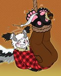4_toes anthro bdsm blush bodily_fluids bondage bound brush claws clothing feathered_wings feathers feet footwear horn male pawpads paws restraints rope rope_bondage socks solo stirrup_socks sweat tickle_torture tickling tickling_feet toe_claws toes wings jimmycervix ambiguous_species angel canid mammal hi_res