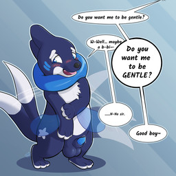 3_toes animal_genitalia animal_penis anthro arm_fin balls black_nose blue_balls blue_body blue_eyes blue_markings blue_penis blush bodily_fluids chest_tuft clothing dialogue dipstick_tail duo facial_markings feet fin fingerless_gloves forked_tail fur genital_fluids genitals gloves good_boy handwear head_markings leaking_precum male male_anthro male_focus markings nude_anthro nude_male offscreen_character open_mouth outline penis precum shealth simple_background speech_bubble star_(marking) submissive submissive_male tail tail_markings tail_motion tailwag text three-finger_salute toes tuft unusual_anatomy unusual_tail white_body white_fur zriartz nintendo pokemon buizel generation_4_pokemon pokemon_(species) 1:1 2024 english_text hi_res signature