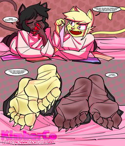 5_toes anthro barefoot black_hair blonde_hair brown_body brown_fur claws clothed clothed_anthro clothed_female clothed_male clothing dialogue duo eyebrow_through_hair eyebrows eyes_closed feet female foot_focus fur hair humanoid_feet lying male on_front open_mouth plantigrade sniffing sniffing_clothes soles speech_bubble tail talking_to_another text toe_claws toes translucent translucent_hair wrinkled_feet wrinkles yellow_body yellow_fur kimberco domestic_cat felid feline felis mammal artist_name english_text hi_res url