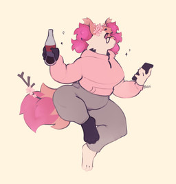 accessory anthro barefoot beverage beverage_bottle bottle bottomwear breasts cellphone clothed clothing cola container electronics eyewear feet female female_anthro flower flower_in_hair front_view glasses grey_bottomwear grey_clothing grey_pants hair hair_accessory holding_bottle holding_container holding_object holding_phone hoodie inner_ear_fluff pants phone pink_clothing pink_topwear plant pokemorph simple_background smartphone soda soda_bottle solo sparkles stick tail topwear tuft wearing_glasses paggi nintendo pokemon braixen generation_6_pokemon pokemon_(species) 2024 digital_media_(artwork) full-length_portrait hi_res portrait signature
