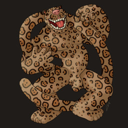 anthro dancing fangs flaccid foreskin fur genitals long_tail male markings penis pink_nose pink_tongue silly_pose simple_background small_eyes small_nipples smile solo spots spotted_body spotted_fur tail teeth tongue ravuer felid jaguar mammal pantherine 1:1 hi_res