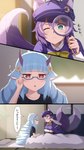 alternative_fashion blue_hair blush bow_ribbon detective_hat duo eyewear female fluffy fluffy_tail glasses green_eyes hair horn j-fashion long_hair magnifying_glass one_eye_closed purple_hair red_eyes short_hair tail tail_motion tailwag text nuenue mythology sanrio show_by_rock!! delmin_(show_by_rock!!) ruhuyu_(show_by_rock!!) animal_humanoid canid canid_humanoid canine canine_humanoid canis demon demon_humanoid dragon dragon_humanoid humanoid mammal mammal_humanoid mythological_creature mythological_scalie scalie wolf wolf_humanoid 9:16 hi_res japanese_text