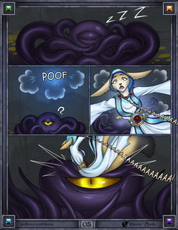 anthro bald big_ears blue_clothing breasts clock clothed clothing falling female front_view fur high-angle_view looking_at_viewer magic magic_clothing medium_breasts open_mouth outside shocked side_view sleeping solo sound_effects surprised tail tan_body tan_fur tentacles text tuft white_clothing yellow_eyes eliana-asato melony_(eliana-asato) canid canine fennec_fox fox mammal monster true_fox 2022 comic digital_media_(artwork) english_text hi_res
