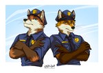 anthro back_to_back badge black_nose blue_clothing blue_eyes blue_shirt blue_topwear cheek_tuft clothed clothing collared_shirt crossed_arms dipstick_arms dipstick_ears dress_shirt duo ear_markings ears_up facial_tuft fluffy_arms fur male male/male multicolored_ears neck_tuft necktie orange_body orange_eyes orange_fur police police_badge police_hat police_officer police_uniform shirt shoulder_to_shoulder simple_background sky topwear tuft uniform whiskers white_background yellow_eyes biggoodwolf littlebadwolf doppelfoxx jakkals_van_der_bergh_(doppelfoxx) scott_(scottthefox94) canid canine fox mammal absurd_res hi_res signature