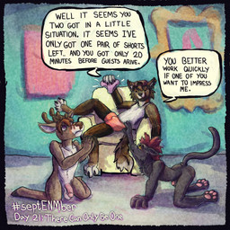 animal_genitalia anthro antlers balls begging bottomwear chair clothed clothed/nude clothing dialogue flaccid forced forced_exposure furniture genitals group hooves horn male nude on_ground paws penis penis_tip pink_penis reaching_for_object sheath shirt shorts speech_bubble submissive tail tank_top text topwear trio kittee_mortis septenmber kittee_mortis_(character) canid canine canis deer domestic_cat felid feline felis humanoid mammal wolf 1:1 digital_media_(artwork) english_text hi_res
