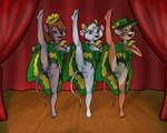 5:4 an_american_tail anthro bridget_(an_american_tail) brown_body brown_fur can-can causticutie clothing country_mouse_and_city_mouse dancing disney don_bluth dress emily_(cmcm) feet female female/female flashing flashing_pussy fur green_clothing green_dress group hat headgear headwear mammal miss_kitty miss_kitty_mouse mouse murid murine pink_inner_ear protruding_teeth rodent smile smiling_at_viewer soles stage stage_curtains tan_body tan_fur the_great_mouse_detective toes trio white_body white_fur