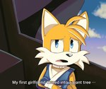 anthro blue_eyes clothing cloud day dialogue male open_mouth parody solo text ifoundyoufaker avatar:_the_last_airbender nickelodeon sega sonic_the_hedgehog_(series) miles_prower canid canine fox mammal english_text hi_res