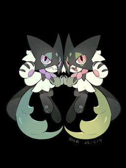 ambiguous_gender anthro chibi claws duo fangs fur green_body green_fur green_hair hair looking_at_viewer open_mouth pawpads paws pink_eyes purple_eyes simple_background teeth tongue lanjiujiu nintendo pokemon felid feline generation_9_pokemon mammal meowscarada pokemon_(species) shiny_pokemon 2025 3:4 dated hi_res signature