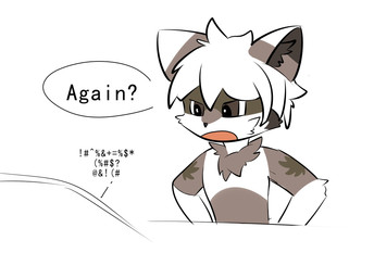 ambiguous_gender annoyed anthro black_nose brown_body brown_eyes brown_fur dialogue duo fur hair kemono open_mouth simple_background solo_focus text white_background white_body white_fur white_hair eibvdy canid canine mammal 2024 english_text hi_res