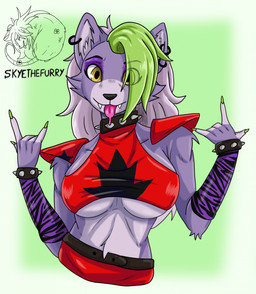 anthro big_breasts breasts clothing colored_nails female fur green_hair grey_nails hair nails purple_body purple_fur solo tongue tongue_out under_boob yellow_eyes allartskye five_nights_at_freddy's five_nights_at_freddy's:_security_breach scottgames steel_wool_studios roxanne_wolf canid canine canis mammal wolf 2024 digital_media_(artwork) hi_res
