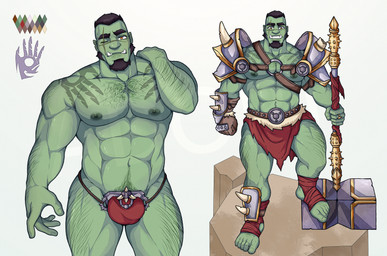abs armor beard black_hair body_hair bottomwear bulge clothed clothing color_swatch facial_hair green_body green_skin hair hammer loincloth male maul melee_weapon muscular muscular_humanoid muscular_male navel nipples not_furry pecs scar simple_background solo tattoo tools tusks underwear weapon white_background blueglueclue humanoid orc 2019 hi_res