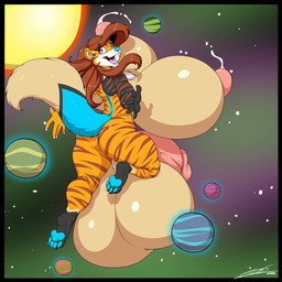 anthro balls big_balls big_breasts big_penis black_border blue_pawpads bodily_fluids border breasts brown_hair genitals gynomorph hair huge_balls huge_breasts huge_penis humanoid_genitalia humanoid_penis hyper hyper_balls hyper_breasts hyper_genitalia hyper_penis intersex lactating looking_back macro multicolored_eyes nipples open_mouth pawpads penis planet solo space star stripes sun terra_macro deonwolf rigala canid canine canis felid hybrid mammal pantherine tiger wolf 1:1 2020 digital_media_(artwork) hi_res signature