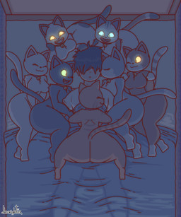 anthro bed bell bell_collar big_breasts big_butt breasts butt clothed clothed/nude clothed_human clothed_male clothing collar collar_only detailed_background eyes_closed face_lick featureless_breasts female female_anthro female_on_human furniture glowing glowing_eyes group harem high-angle_view human_on_anthro inside interspecies licking male male/female male_human male_on_anthro nude nude_anthro nude_female on_bed shortstack slightly_chubby slightly_chubby_female smile text tongue tongue_out jhenightfox domestic_cat felid feline felis human mammal 2023 absurd_res artist_name hi_res watermark