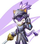 anthro armor bodily_fluids clothed clothing female fur gauntlets gloves handwear knight melee_weapon purple_body purple_fur solo sweat sweatdrop sword warrior weapon white_body white_fur yellow_eyes skai_art sega sonic_and_the_black_knight sonic_storybook_series sonic_the_hedgehog_(series) blaze_the_cat sir_percival_(sonic_and_the_black_knight) domestic_cat felid feline felis mammal hi_res