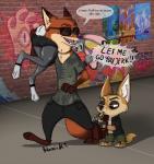 alternate_universe angry anthro band-aid bandage carrying_another cigarette clothed clothing collar ear_piercing eyewear female fur gauged_ear graffiti group male piercing shoulder_carry smoking sunglasses yelling holmssie disney zootopia finnick_(zootopia) judy_hopps nick_wilde canid canine fennec_fox fox lagomorph leporid mammal rabbit red_fox true_fox 2017 absurd_res hi_res