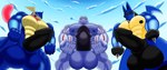 balls big_balls big_muscles big_pecs big_penis genitals group huge_balls huge_pecs huge_penis looking_at_viewer looking_down looming male male/male muscular muscular_male nipples outside pecs penis smile trio muscleartguy nintendo pokemon adonis_(muscleartguy) atlas_(muscleartguy) generation_1_pokemon generation_4_pokemon generation_6_pokemon greninja lucario machoke pokemon_(species) absurd_res hi_res