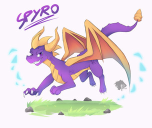 claws digitigrade feral grass horn looking_at_viewer plant purple_body purple_eyes purple_scales purple_tail rock scales tail teeth white_claws wings yellow_body yellow_horn yellow_scales skyversa activision mythology spyro_the_dragon spyro dragon mythological_creature mythological_scalie scalie absurd_res hi_res