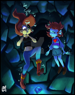 air_bubble alternate_species ambiguous_gender anthro asphyxiation black_border blue_body blue_scales boots border bottomwear cave clothed clothed_anthro clothed_female clothed_human clothing constricted_pupils drowning duo eye_patch eyes_closed eyewear female footwear fully_submerged glowing hair hand_on_throat logo pants peril puffed_cheeks pupils red_hair scales shirt shoes shorts small_pupils tank_top topwear underwater water yellow_body yellow_skin young young_anthro darkneon-64 undertale undertale_(series) frisk_(undertale) undyne animal_humanoid fish fish_humanoid human humanoid mammal marine marine_humanoid 2017 2022 absurd_res artist_logo digital_drawing_(artwork) digital_media_(artwork) hi_res watermark