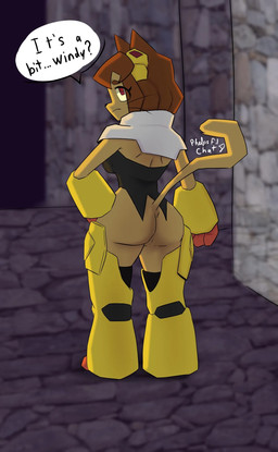 anthro brown_body brown_hair butt clothed clothing cosplay crossover_cosplay eyewear eyewear_on_head female goggles hair ineffective_clothing looking_at_viewer looking_back simple_background solo tail text whiskers phelpsfilchat gameoverse glitch_productions pseudoregalia kit_bodega domestic_cat felid feline felis mammal crossover digital_media_(artwork) english_text hi_res
