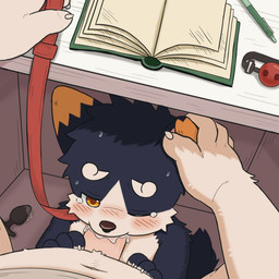 adult_on_young age_difference ambiguous_focus ambiguous_gender anthro arm_tuft ball_gag blue_body blush blush_stickers bodily_fluids book brown_nose buttplug cheek_tuft claws countershading dipstick_ears drooling duo ear_grab ear_markings eyebrows facial_tuft fellatio finger_claws first_person_view gag genitals kneeling_oral_position leash_grab male male/ambiguous markings multicolored_ears narrowed_eyes one_eye_closed open_book oral oral_penetration penetrating_pov penetration penile penis penis_in_mouth plug_(sex_toy) saliva saliva_on_penis sex sex_toy tuft under_table white_body white_countershading white_eyebrows wrist_tuft yellow_markings young young_ambiguous young_anthro frostar52 ambiguous_species canid canine canis mammal wolf 1:1 hi_res