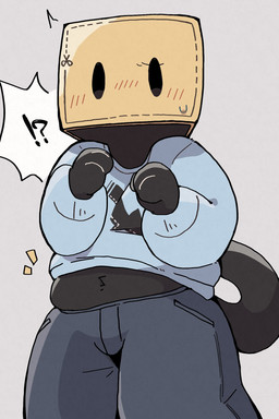 ambiguous_gender anthro black_body black_fur blue_bottomwear blue_clothing blue_jeans blue_pants blue_shirt blue_topwear blush blush_lines bodily_fluids bottomwear box box_on_head cardboard cardboard_box clothed clothing container denim denim_bottomwear denim_clothing dot_eyes emanata fist fur grey_background highlights_(coloring) interrobang jeans kemono long_sleeve_shirt long_sleeves looking_at_viewer mouthless pants paws raised_tail shirt simple_background simple_eyes slightly_chubby slightly_chubby_anthro solo standing sweat sweatdrop tail topwear tuft ke_mo_suke utau hakoiri_oto domestic_cat felid feline felis mammal 2025 digital_media_(artwork) hi_res shaded simple_shading