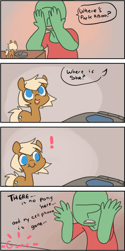 ambiguous_gender blue_eyes cellphone clothing cutie_mark dialogue duo electronics exclamation_point female feral freckles hair micro open_mouth phone smartphone smile text mt hasbro my_little_pony anon fan_character earth_pony equid equine horse mammal pony 1:2 2014 4koma comic english_text