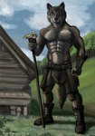 5_fingers abs anthro armor black_nose boots bottomwear broad_shoulders brown_body brown_fur building cabin cheek_tuft clothed clothing cloud day facial_tuft fingers fist footwear fur gauntlets gloves grass grey_body grey_fur handwear looking_at_viewer magic_user male muscular muscular_anthro muscular_male navel nipples outside pecs pink_nipples plant plantigrade shaman shoes sky smile solo staff tail topless tree tribal_spellcaster tuft yellow_eyes sampsonwoof canid canine canis mammal wolf 2021 absurd_res digital_media_(artwork) digital_painting_(artwork) hi_res shaded signature